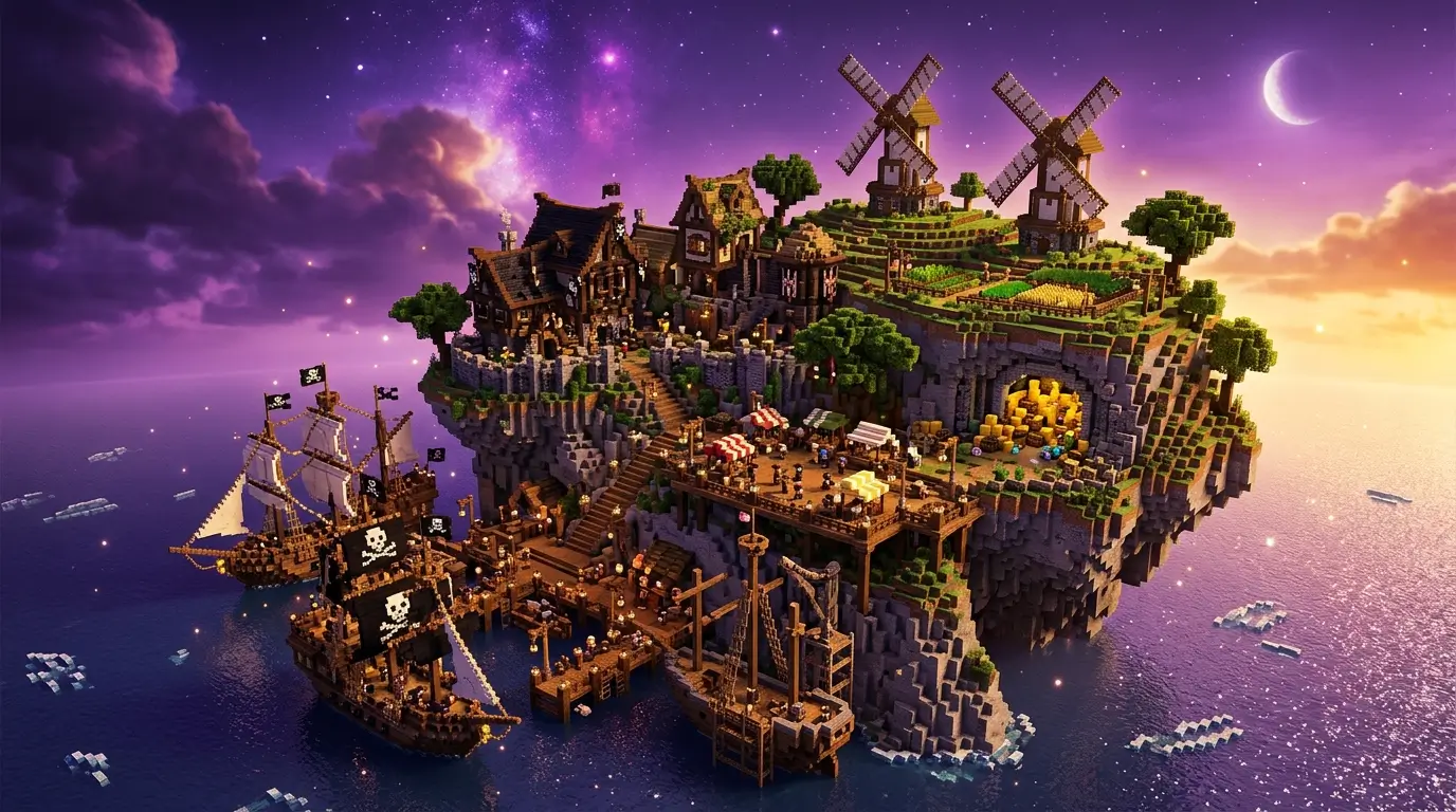 Latająca wyspa Skyblock z wiatrakami i pirackimi okrętami